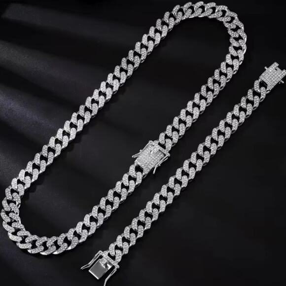 Iced Out Silver Plated Cuban Necklace & Bracelet Set THICK 12mm Miami Bling NEW